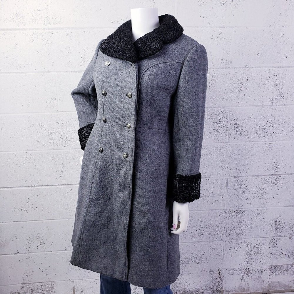 Vintage Curly Lamb Fur Wool‎ Coat Double Breasted Knee Length Coat Gray  Medium